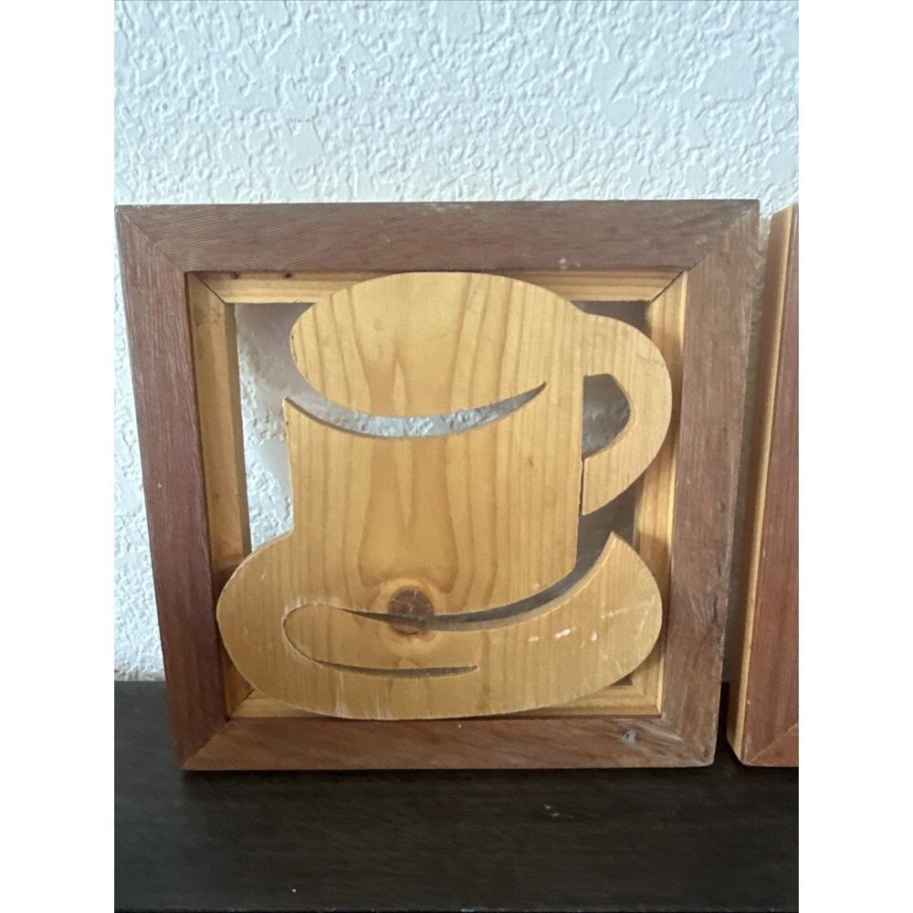 2Wooden Trivet Hot Plate Wall Hanging Vintage Hand Carved Coffee - Picture 2 of 8